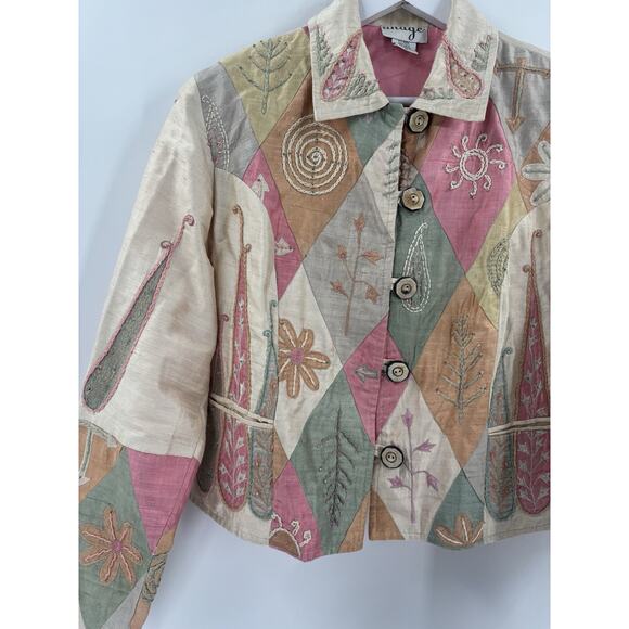 Anage Vintage Jacket Womens Large Beige Pink Green 100% Silk Embroidered Nature - Picture 6 of 16